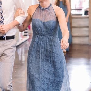 Dusty Blue Lace Halter Maxi Bridesmaid Dress
